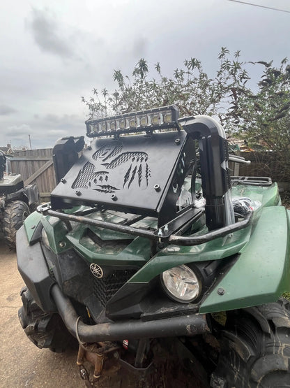 Green yamaha grizzly/kodiak 700 atv with black metal front guard engraved skull and claw design and led light bar