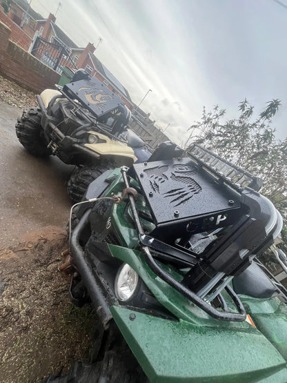 Green and black off-road Yamaha grizzly/kodiak 700 atv with rugged front bumper and radiator relocation kit skid plate