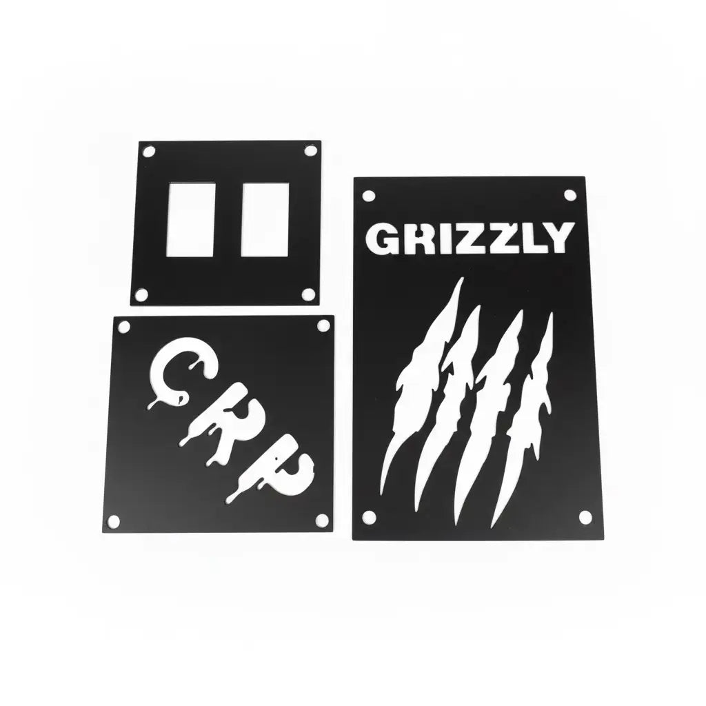 Black metal 3mm fender safety plates with white laser-cut grizzly text and claw marks for yamaha grizzly kodiak