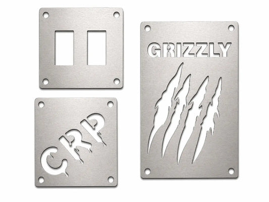 Silver metallic 3mm fender safety plates for yamaha grizzly kodiak with engraved grizzly text claw marks and crd logo